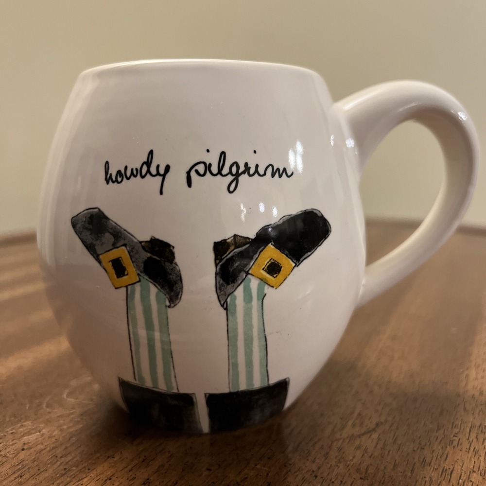 Rae Dunn Thanksgiving Mug Cup Howdy Pilgrim Orange Interior